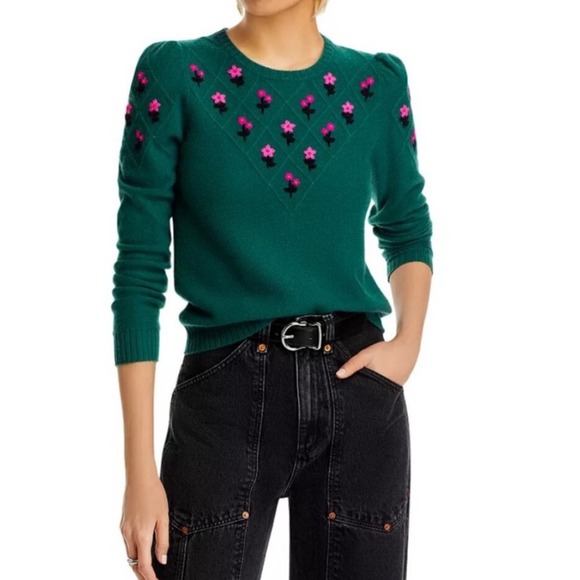 Aqua Cashmere Sweater XS Green Pink Floral Embroidered Puff Sleeve Top - Picture 1 of 9